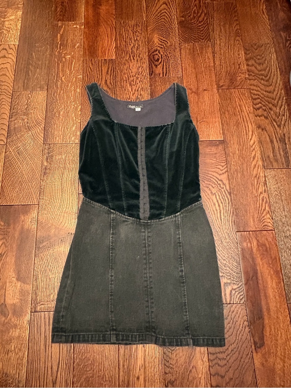 Vintage Guess Jeans USA Black Velvet Denim Corset Mini Dress Y2K